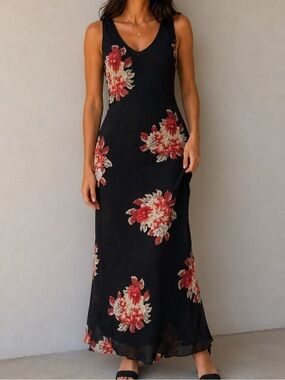 Vintage Temptation Black Floral Maxi Dress 90s Rayon Chiffon Overlay Size M